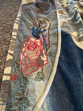 Embellished Owl & Rose Denim / camo/ lace and gold trim statement pants